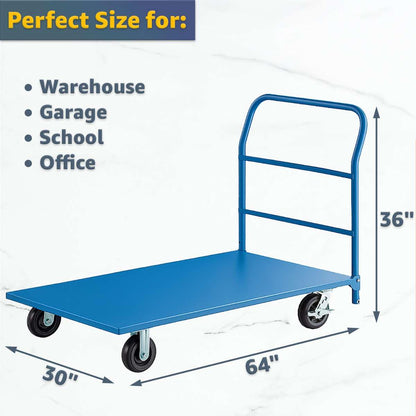 30" x 60" Steel Platform Truck - 2000 lb. Capacity with Removable Handle, Blue Utility Cart with Polyurethane Wheels and Brakes - Heavy-Duty Warehouse Dolly