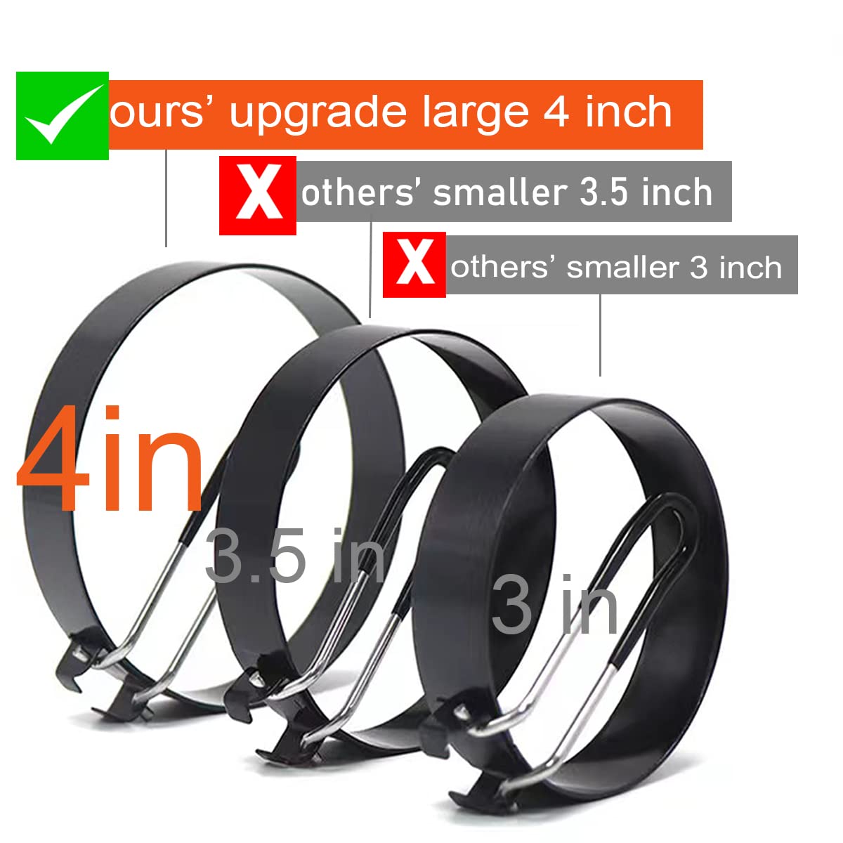 WOWITIS Upgrade 4'' Large Egg Rings Set, 4 Packs Stainless Steel Round Egg Maker Mold, Anti-scalding Grill, 1X Oil Brush & 1X Egg Separator White