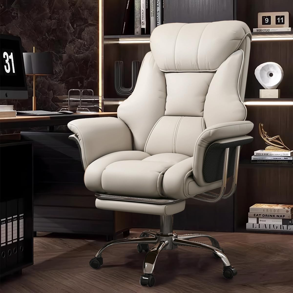 Executive High-Back Office Chair, Beige PU Leather, 550 Lbs Capacity, Retractable Footrest, Swivel with Chrome Base