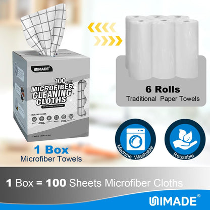 UNIMADE Microfiber Cleaning Cloths, 100 Sheets Reusable Kitchen Towels & Dish Cloths, Lint-Free Absorbent Cleaning Rags, Bulk Kitchen Cleaning Cloths for Household & Restaurant, 11" x 9", Grid Pattern
