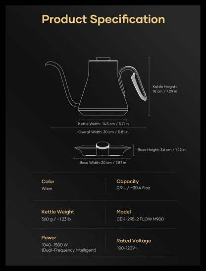 Cocinare Gooseneck Electric Kettle, ±0.5°F Precise Temperature Control, 1500W Fast Heating, Pour-Over Coffee & Tea, Stainless Steel, 0.9L (Artisan Wave Design)