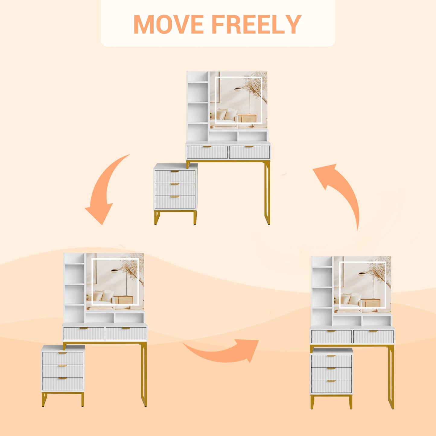 GAOMON Modern LED Makeup Vanity Desk with Mirror – 5 Drawers, Removable Side Cabinet, Cushioned Stool, Adjustable Lights – Bedroom Dressing Table for Girls & Women – Gold Iron + White Plate + Gold