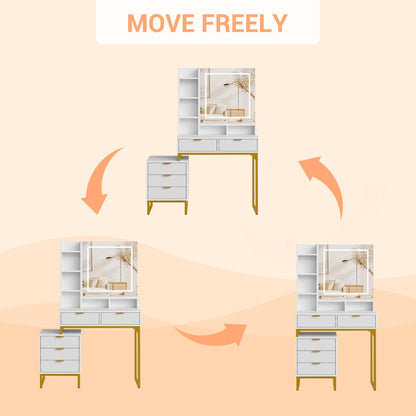 GAOMON Modern LED Makeup Vanity Desk with Mirror – 5 Drawers, Removable Side Cabinet, Cushioned Stool, Adjustable Lights – Bedroom Dressing Table for Girls & Women – Gold Iron + White Plate + Gold