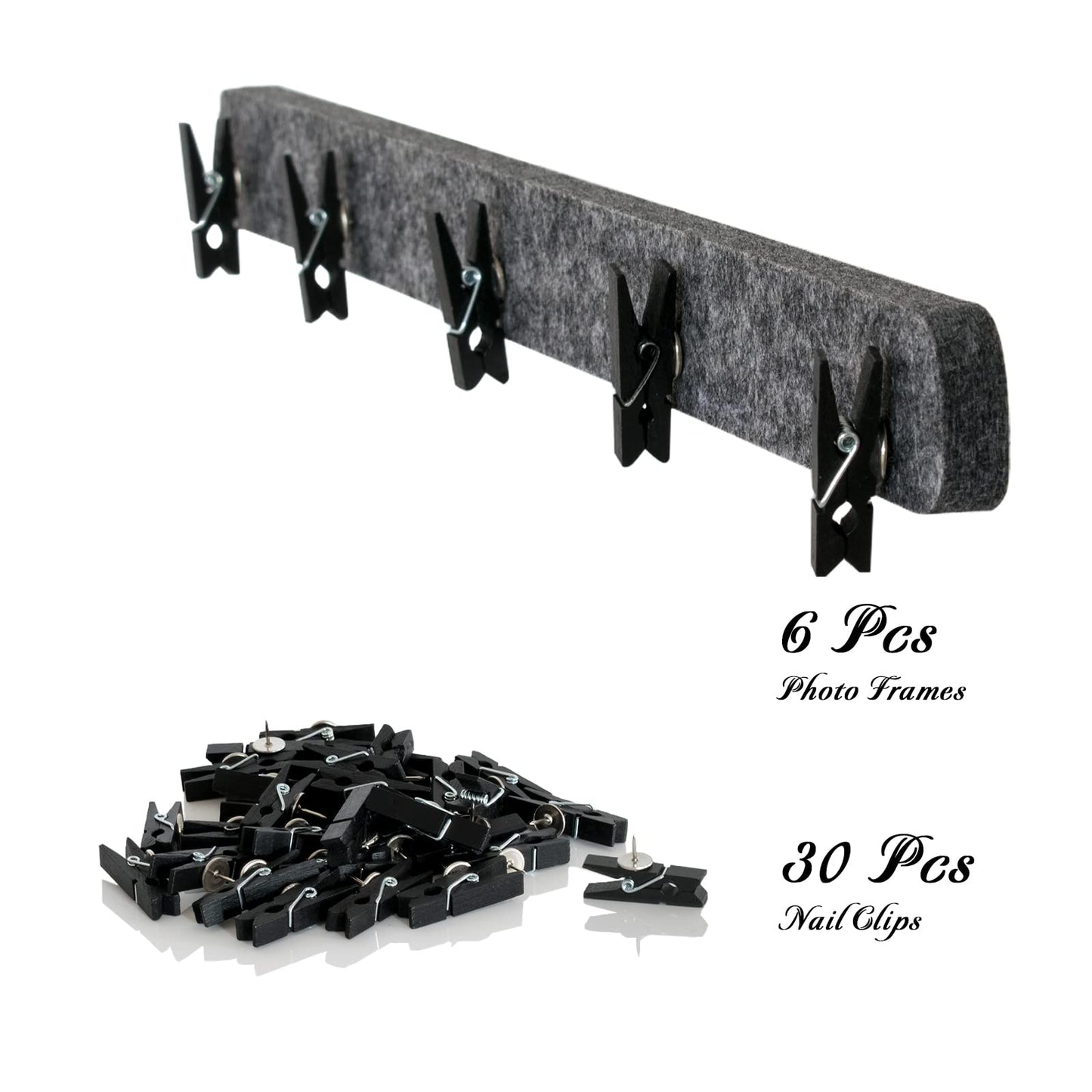 noonebutyou Picture Frames Collage Wall Decor, 6 Pcs Black Felt Lightweight Bulletin Board Strips, Photo Wall Collage Kit with 30 Clips for Photo Display, Notes, Schedules, Announcements