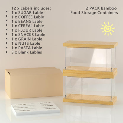 Liitrton Bamboo Food Dispenser 2 PCS -1.2L Airtight Cereal Containers with Bamboo Lids & 12 Labels, Kitchen Pantry Organizers and Storage for Cereal Flour Snack Sugar Storage Container