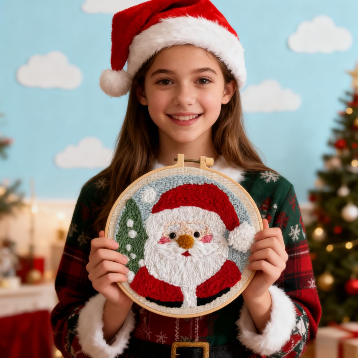 DIY Punch Needle Kits for Beginners Santa Claus with Hoop Punch Needle Starter Craft Embroidery Set Easy for Adults and Children Festival Gift and Decoration 20x20cm-9
