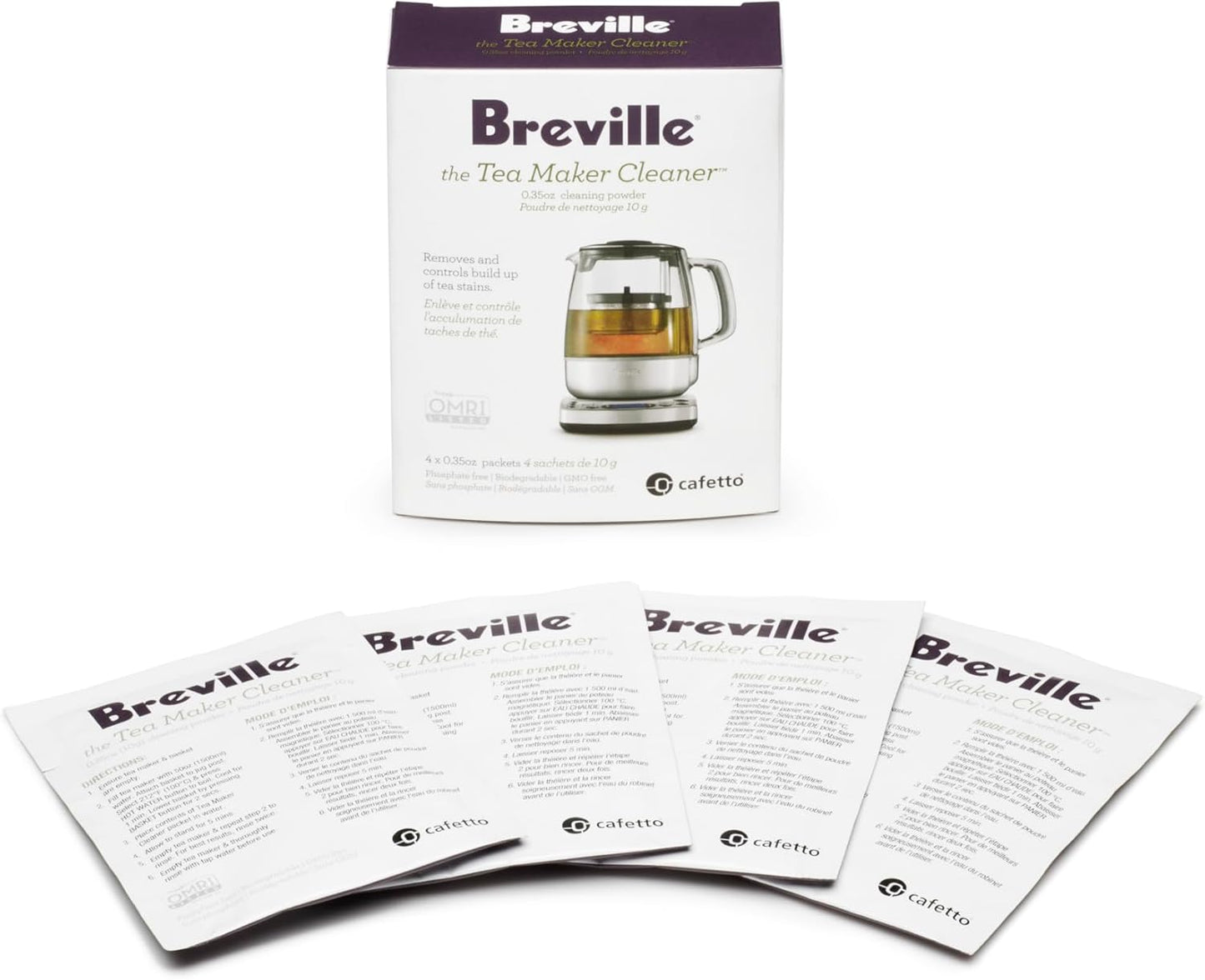 BTM100 4 Pack Breville Revive Organic Tea Maker Cleaner, Kettle Cleaning Powder