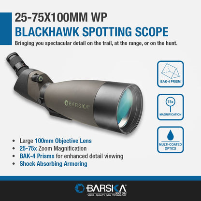 Barska Blackhawk 25-75x100 Angled Spotting Scope – Waterproof, Fogproof, Green Lens, Tripod Included – for Bird Watching, Hunting, Target Shooting, Travel & Outdoor Sports
