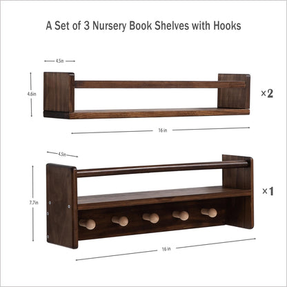16 Inch Set 3 AZSKY Nursery Book Shelves Wall Floating Bookshelf with Hook Deep Walnut Hanging Book Shelf Toddler Room