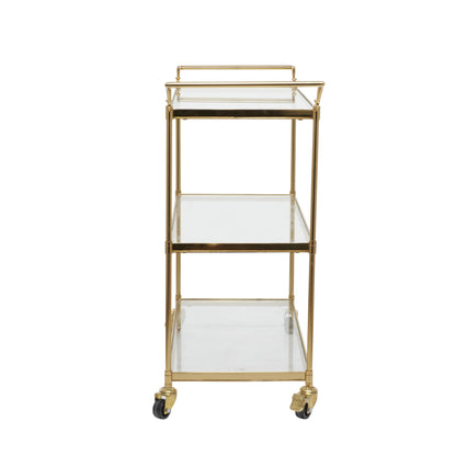 Deco 79 Metal Rolling 3 Glass Shelves Bar Cart with Lockable Wheels, 38" x 14" x 31", Brass