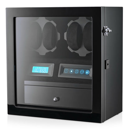 4 Watch Winder with 5 Watch Storage Space, LCD Display, Touch Control and Interior Light (Black + Black)