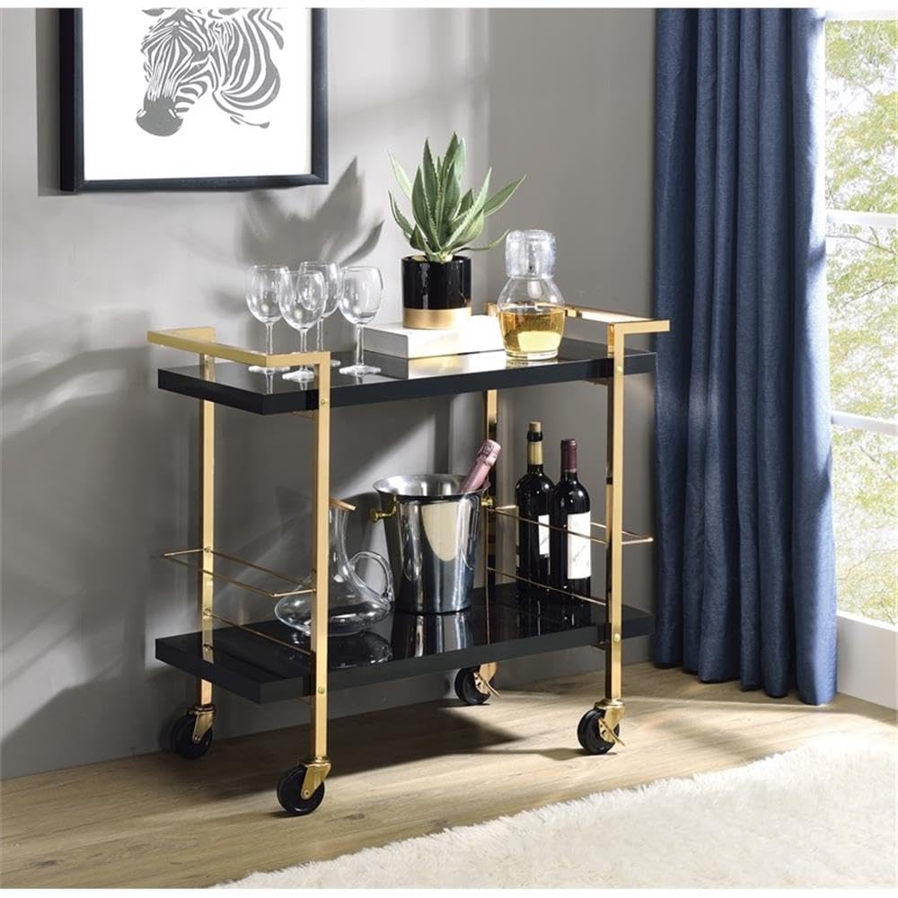 Pemberly Row Modern Serving Cart, Black Metal and Gold Frame, 32"W x 16"D x 30.5"H, 2-Tier Design, High-Sheen Laminate Surface, Locking Casters, Bottle Caddies, Bar and Cocktail Station for Parties
