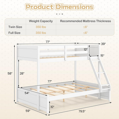 KOMFOTT Twin Over Full Bunk Bed, Pine Bed Frame with 3-Step Ladder, Full-Length Guardrails & 21 Wooden Support Slats, Solid Wood Bunk Bed for Teens, Kids, Adults, Dorms and Apartments (White)