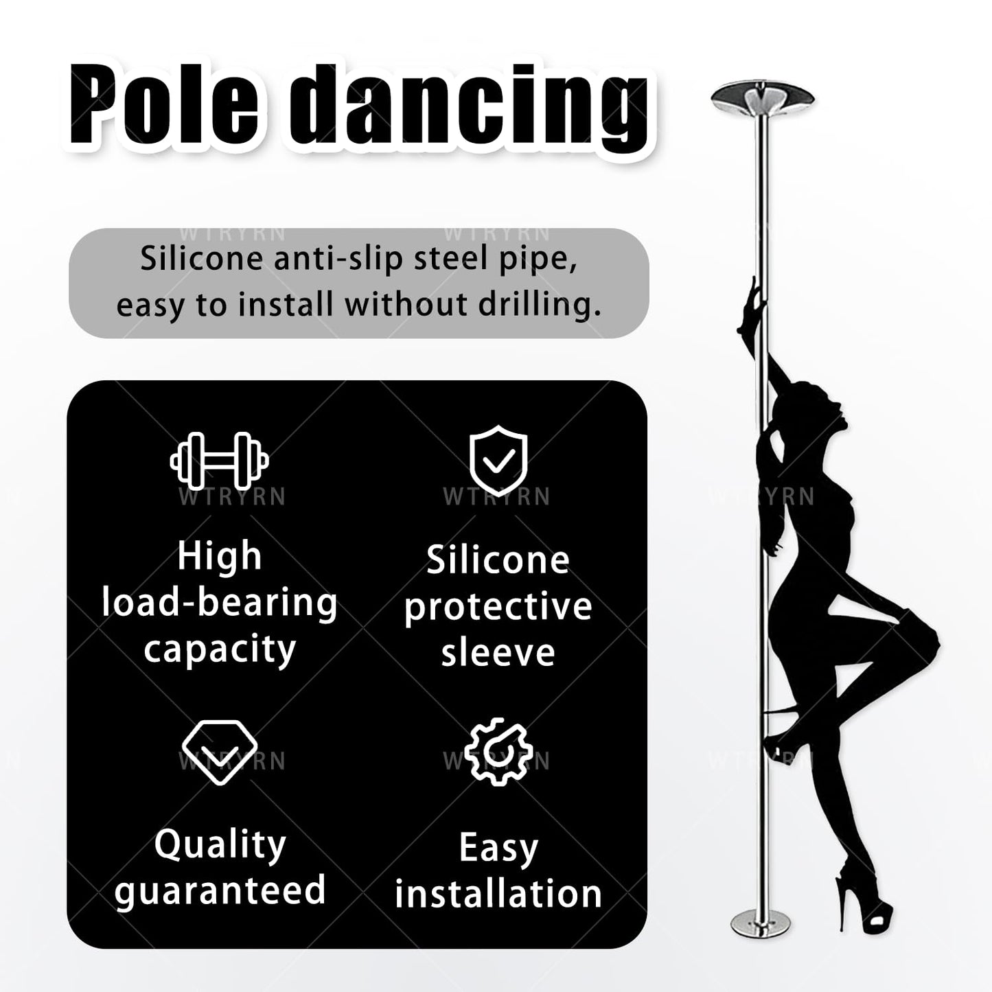 WTRYRN Removable Static & Spinning Dance Pole, Dancing Pole, No Drill Installation, Space-Saving, Durable Steel for Home Gym, Studio, Bedroom Pink