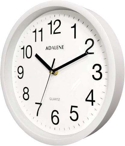 Adalene 10 Inch White Wall Clock, Battery Operated Non Ticking, Completely Silent for Kitchen Office School Bedroom