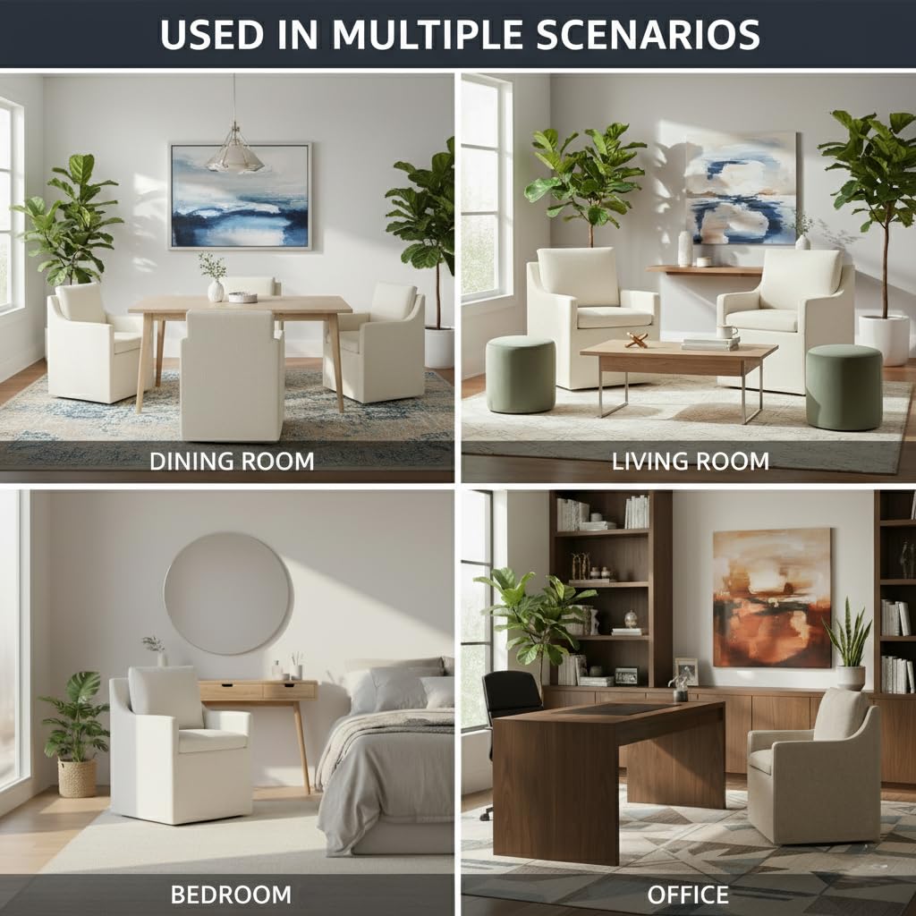 KISLOT Upholstered Dining Chairs Set of 2, Washable Cover Modren Deskchair with 4 Casters & Hidden Storage for Dining Room, Living Room, Home Office, Flax Beige, 2 Box