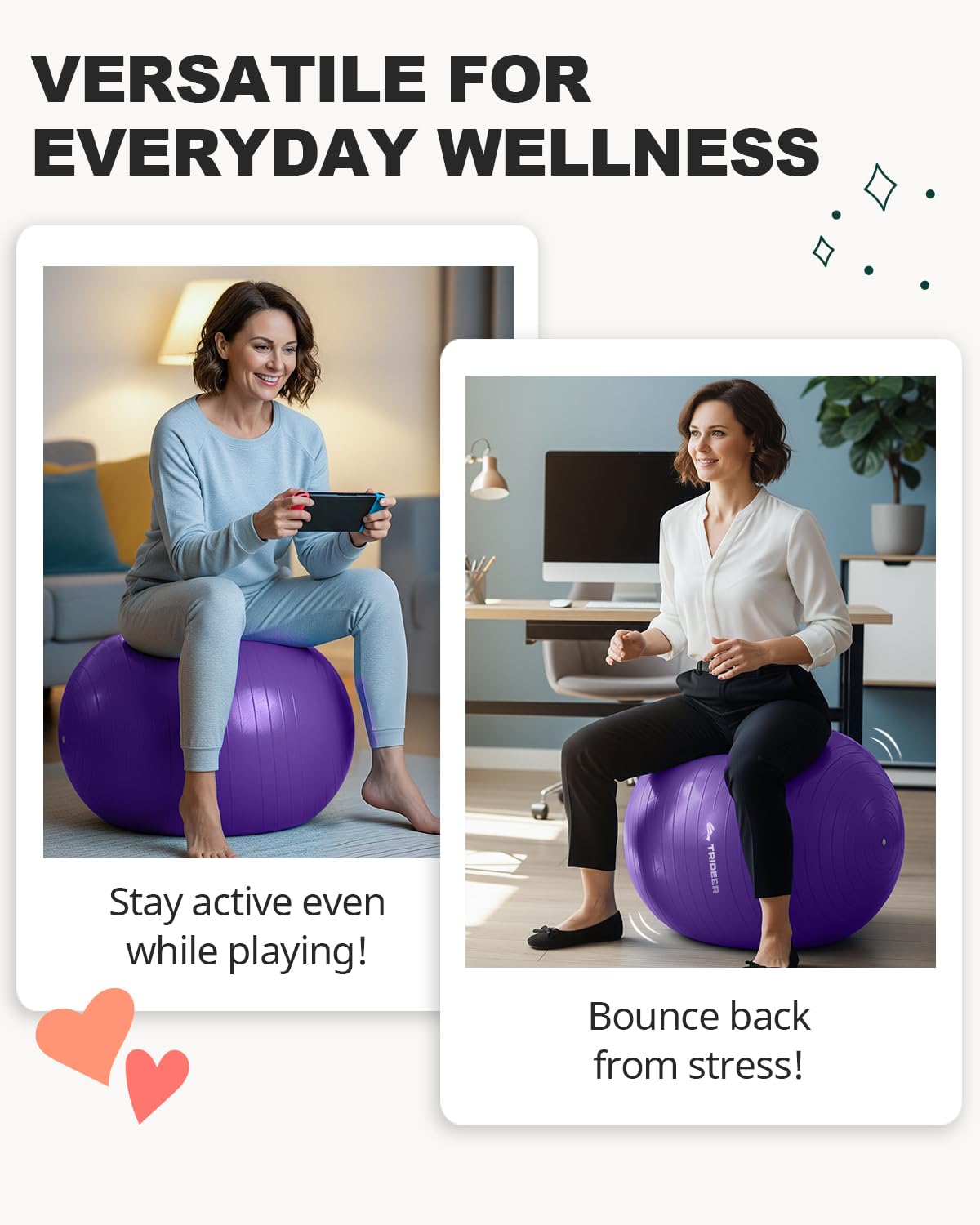 Trideer Extra Thick Yoga Ball Exercise Ball, 5 Sizes Gym Ball, Heavy Duty Ball Chair for Balance, Stability, Pregnancy, Quick Pump Included