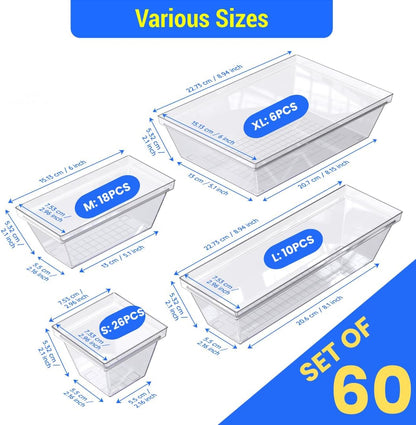 YAN & HIN Set of 60 Stackable Non-Slip Acrylic Organizers, 4 Sizes for Makeup, Kitchen Drawer, Desk Storage