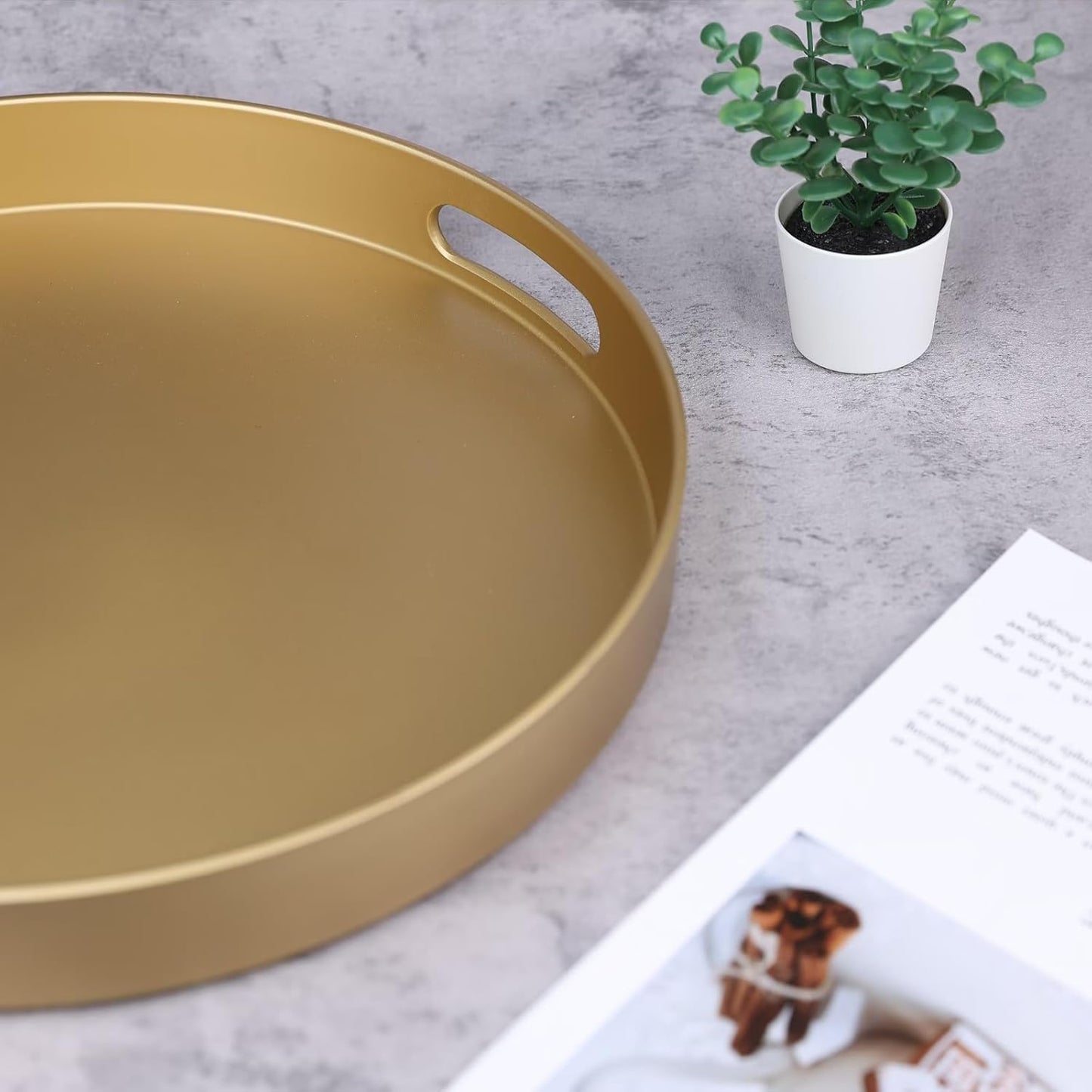 13 Round Gold Decorative Serving Tray with Handles, Versatile Ottoman Tray for Coffee Table, Entertaining, Outdoor