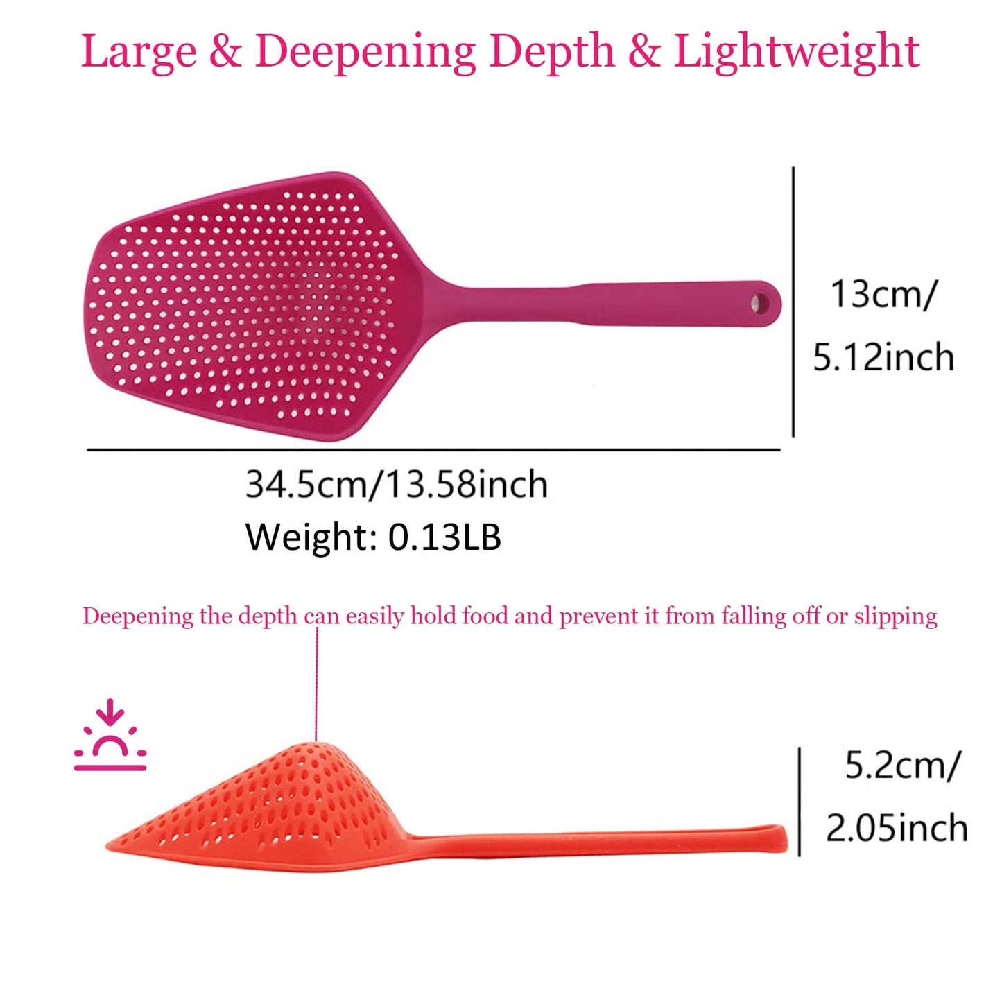 SEIWEI Large Strainer Spoon, Long Handle Tool Colander Draining Scoop, Heat-Resistant Pasta Strainer Cooking Kitchen for Spaghetti, Noodles, Veggies, Non-Slip Grip & Hanging Loop, 13.5'', Green