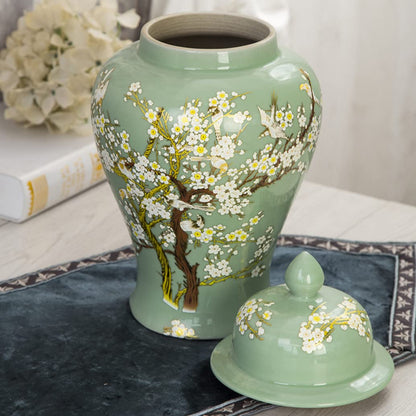 EliteBloom Green Ceramic Ginger Jar With Lid For Home Decor,Traditional Chinese Trees And Flowers Temple Jar, Jingdezhen Handcrafted Porcelain Vase Centerpiece Decor M (Green L) (Green L)