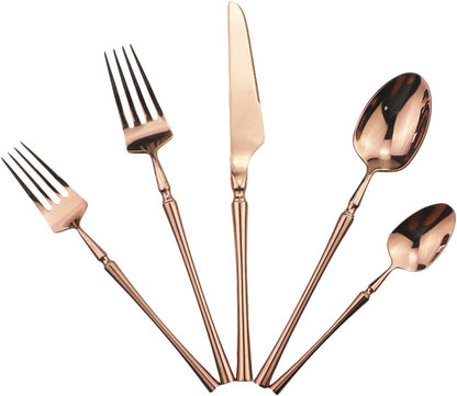 Copper Silverware Set, 5-Piece 18/10 Stainless Steel Flatware Cutlery Set, Mirror Finish, Dishwasher Safe