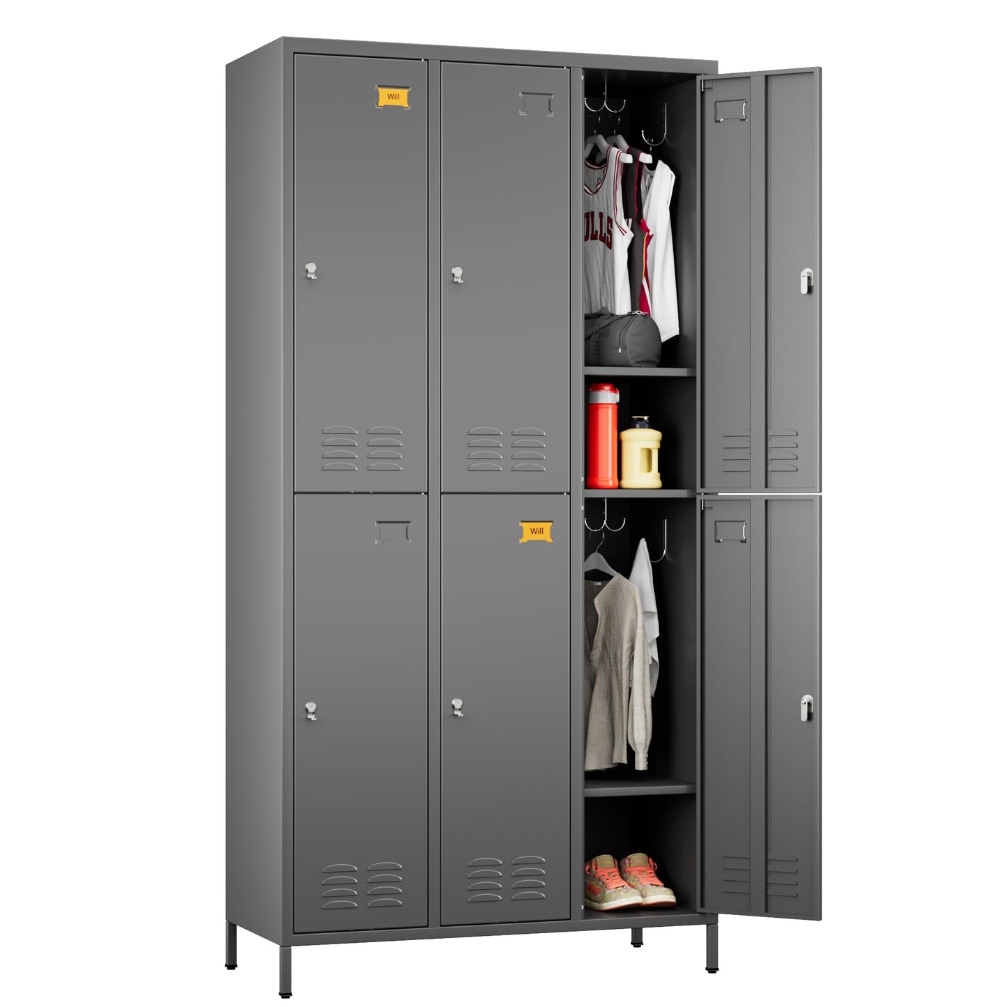 6 Door Metal Storage Locker for Employees,Heavy Duty Steel School Locker with Adjustable Shelves and 18 Hooks,Metal Lockers for Office,Gym,Home,72"H x 35.4"W x 15.75"D,Dark Grey,Assembly Required