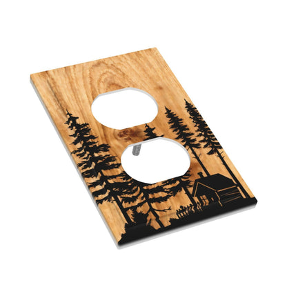YITRREWZ Rustic Farmhouse Brown Wood Duplex Outlet Covers Light Switch Covers Decorative Pine Tree Grain Silhouette Switchplate Electrical Faceplate for Country Bathroom Kitchen Bedroom Decor