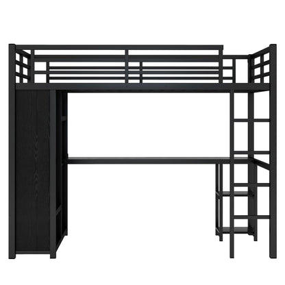 Bellemave Metal Twin XL Size Loft Bed with Desk and Wardrobe,Heavy Duty Loft Bed Frame with Storage Shelves for Kids,Teens,Adults, Space Saving,Black