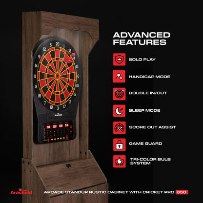 Arachnid Rustic Wood Cabinet: Freestanding LED Unit with E650 Electronic Board. Features 33 Games, 303 Variations, and 8-Player Scoring. Includes 6 Darts and Accessories for a Complete Setup