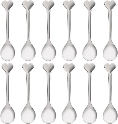 12pcs Silverware Coffee Spoon Set, Heart Shaped Stainless Steel Dessert Spoons for Ice Cream, Tea, Valentines Day