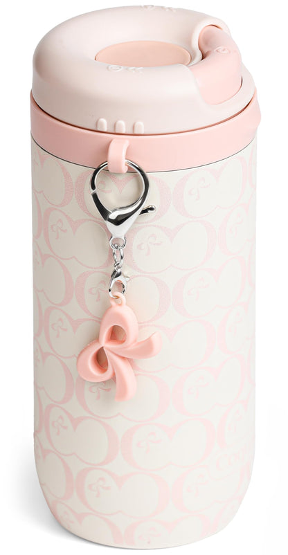 Coquella 15 oz Stainless Steel Coffee Tumbler with Twist-Open Lid, Insulated Travel Mug for Iced Coffee Cold Brew and Warm Beverages, Leakproof, BPA-Free, Cup Holder Friendly, Bow Charm, Blush Pink