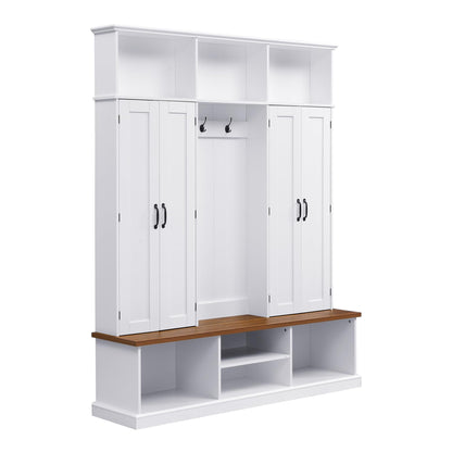 Amposei Farmhouse Hall Tree with Storage Cabinet & Shoe Bench, 78.7''H Tall Entryway Storage Organizer with 4 Doors, 7 Open Cubbies & 6 Coat Hooks for Hallway Mudroom Living Room, White