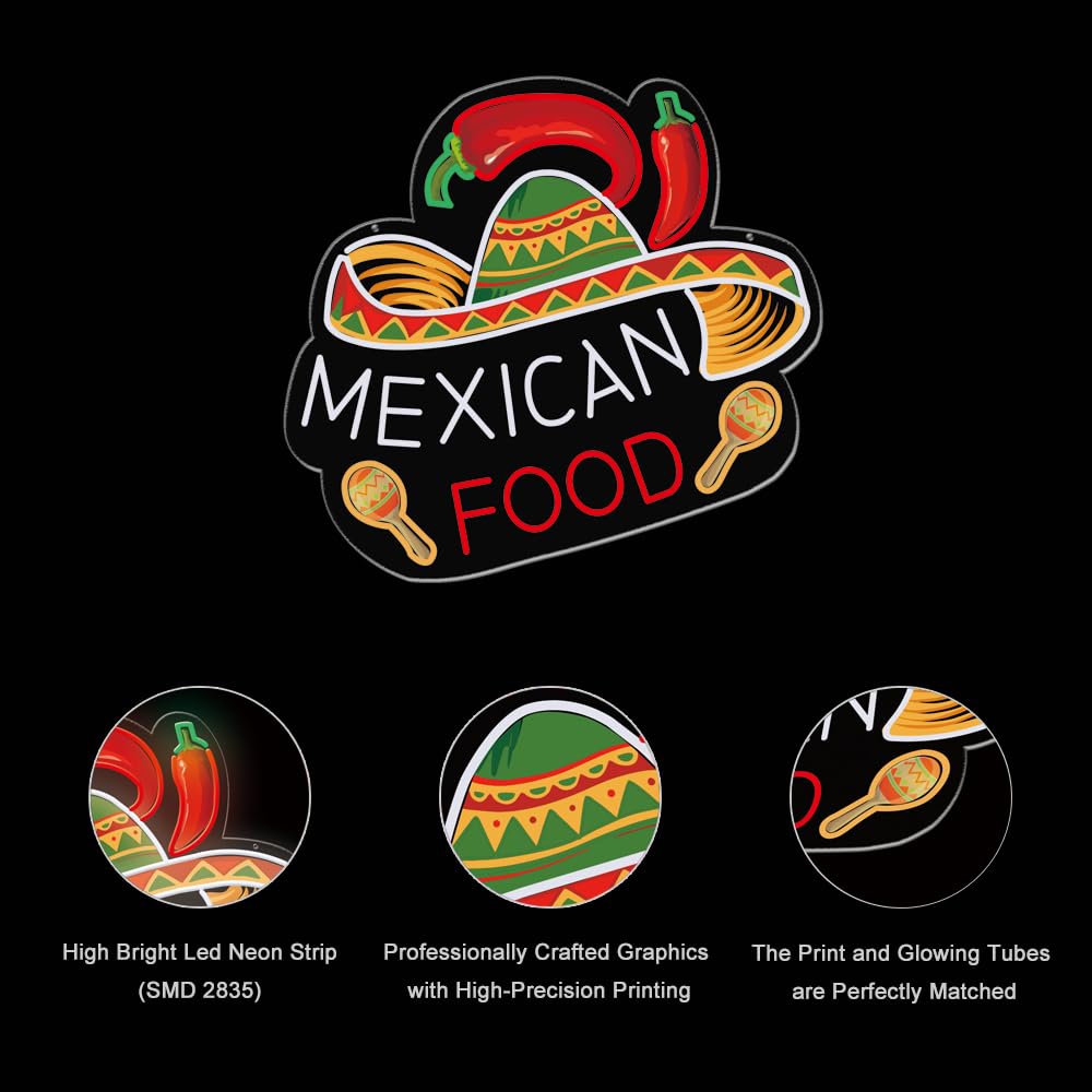Mexican Food Neon Sign, USB Powered LED Lights, 14"x12", Restaurant Window Wall Decor, Clear Acrylic Backboard, Easy to Install, for Taqueria, Burrito Bar, Taco Stand, Latin Grill, and Food Truck