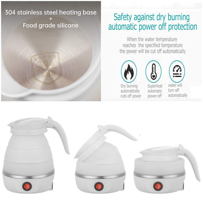 Foldable Electric Kettle, Upgraded Food Grade Silicone,600W 600ML Flash Heat Small Portable Travel Electric Kettle,110V US Plug (Matte Finish White)