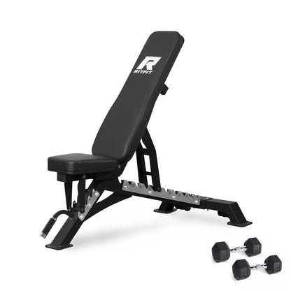 RITFIT Adjustable Weight Bench with Multiple Back Positions for Full Body Workouts, Incline, Decline, and Flat Settings for Home Gym Strength Training, 1300LB Capacity (Black,with 2x5lb rubber dumbbells)