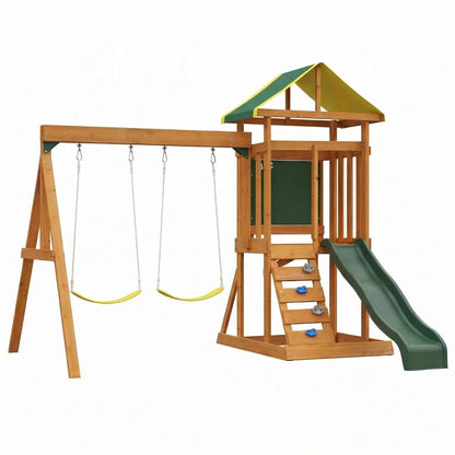 AkiiGer Cedar Wooden Backyard Playset with Swings, Wave Slide, Rock Wall Ladder, Sandbox Chalkboard & Canopy Roof, Outdoor Swing Set