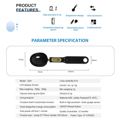 Food Measuring Spoon, Digital Kitchen Scale, high-Precision Small Scale, Handheld use, with Weight Removal Function (White)