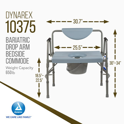 Dynarex Bariatric Drop Arm Bedside Commode, Multi-Use Portable Toilet Chair with 650 Pound Weight Capacity and a Heavy-Duty Steel Frame, Grey, 1 Bariatric Drop Arm Bedside Commode