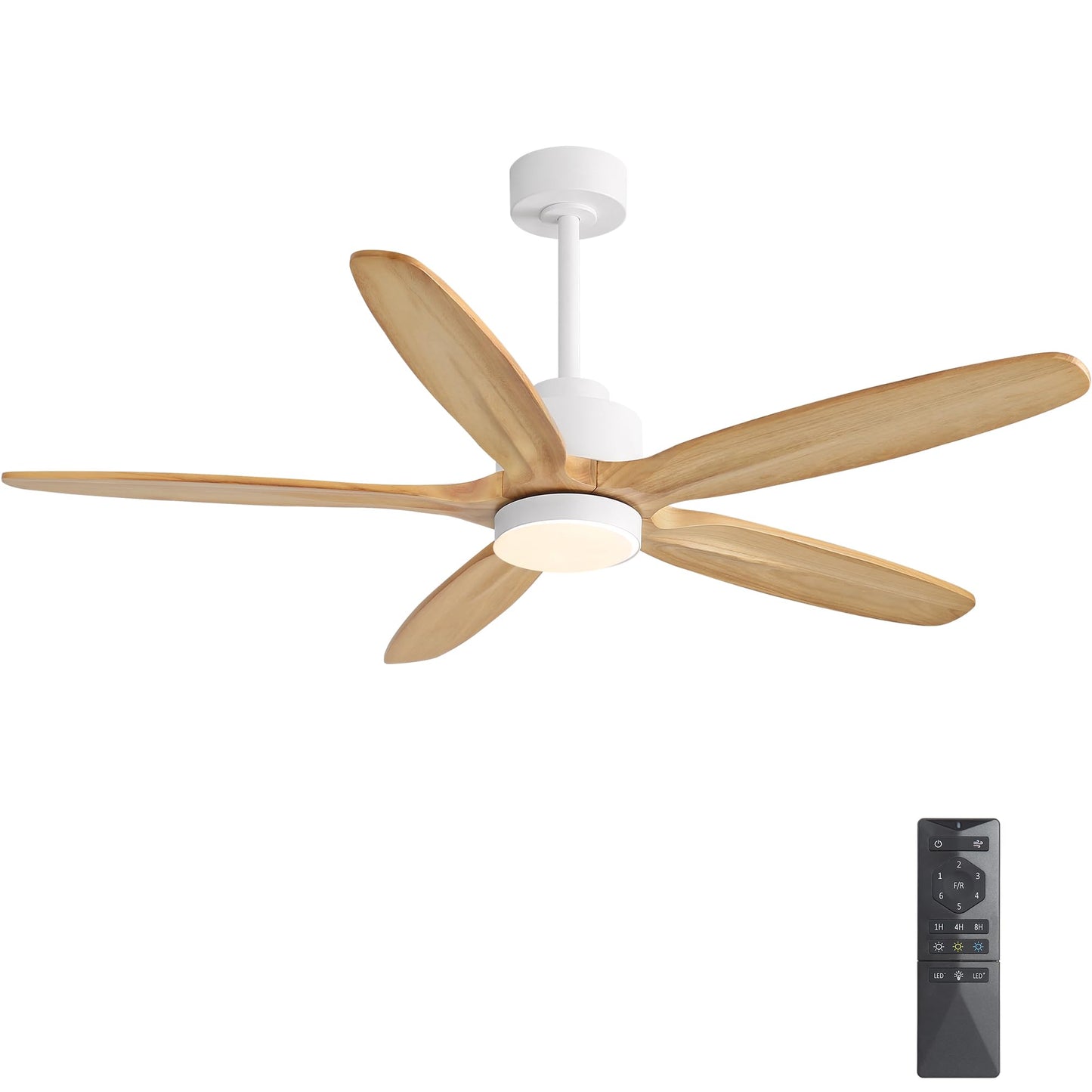 WINGBO 54" Ceiling Fan with Light - 5 Carved Solid Wood Blades, 6-Speed Reversible DC Motor, Dimmable, 3CCT, Noiseless Remote Control Ceiling Fans with Lights for Bedroom Living Room, White and Oak