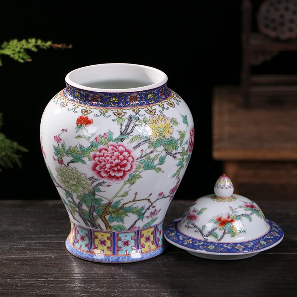Ceramic Jar with Lid for Home Decor Traditional Chinese Flowers and Birdstemple Handcrafted Porcelain Vase