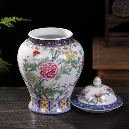 Ceramic Jar with Lid for Home Decor Traditional Chinese Flowers and Birdstemple Handcrafted Porcelain Vase