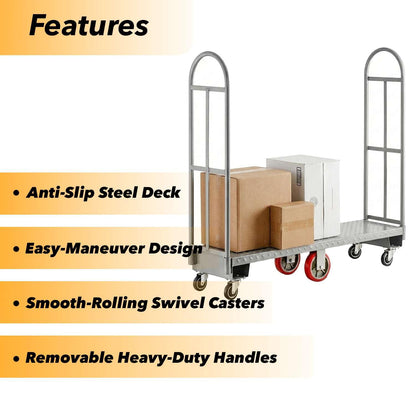 16" x 60" Heavy-Duty Steel U-Boat Utility Cart - 2000 lb Load Capacity, Narrow Maneuverable Design with Removable Handles, High-Stability Casters for Warehouse & Commercial Use