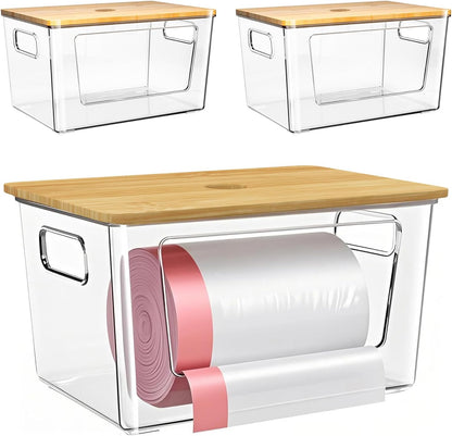 3 Packs iEGrow Trash Bag Holder,Stackable Trash Bags Dispenser with Bamboo Lid,Extra Large Garbage Bag Holder