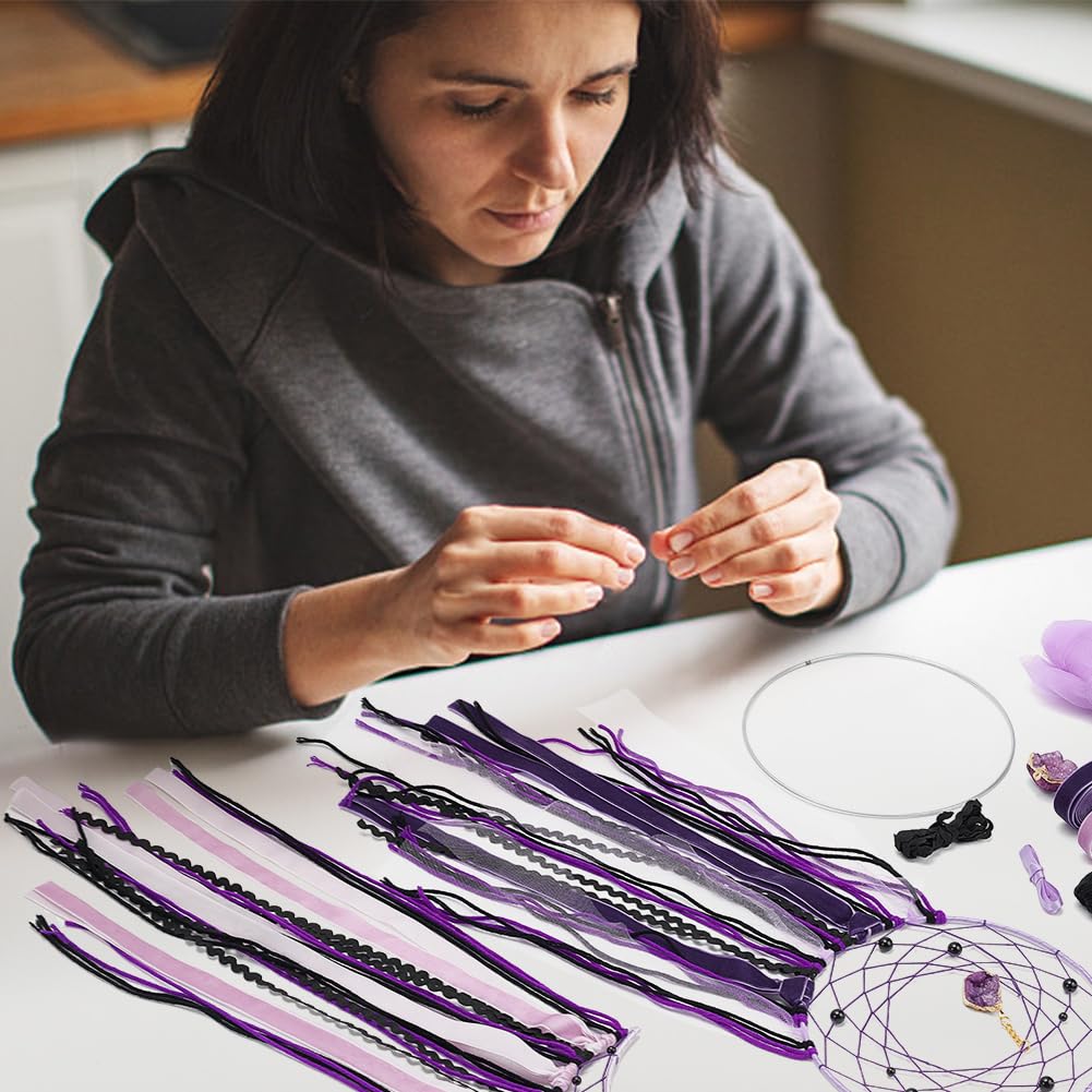 BEUNITONE DIY Purple Moon Lace Gothic Dream Catcher kit 2 Set Boho Large Half Circle Handmade Dream Catcher Kit with Purple Agate for Wall Decor Women Gift Moon Sun DIY Gifts for Bedroom Christmas