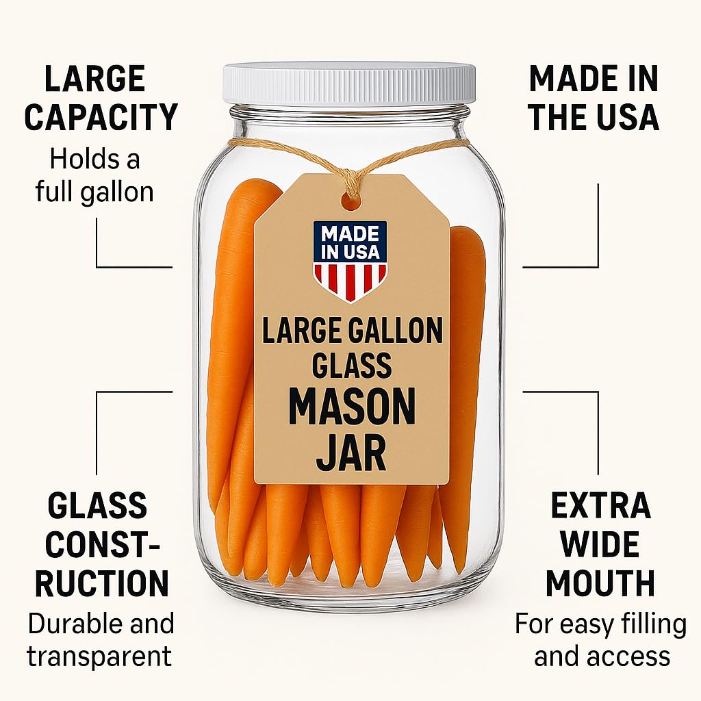 kitchentoolz 1 Gallon Glass Mason Jars – Extra Large Wide Mouth Jars with Airtight Lids – Perfect for Sourdough Starter, Fermenting, Pickling, and Storage – Made in the USA – Pack of 2
