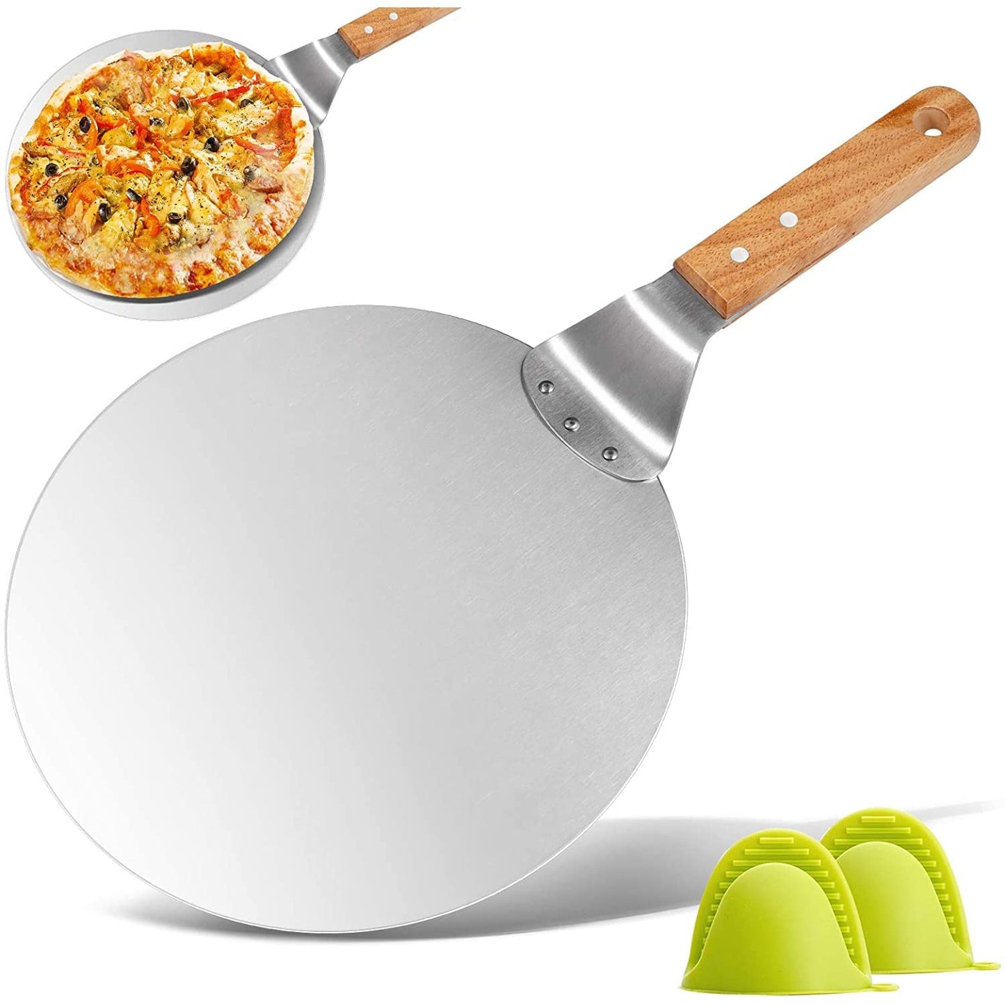 KSENDALO 10" Stainless Steel Pizza Peel with Wooden Handle - Pizza Lifter Spatula for Oven Baking, Homemade Pizza Dough, Cake & Pie | Non-Slip Serving Tray for Family Baking