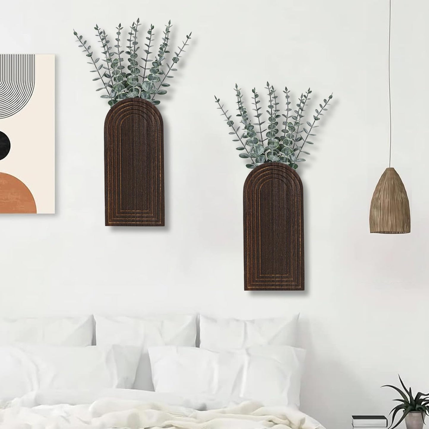 Dnnnii 2 Pack Wooden Wall Vase Set - Dark Brown Finish Modern Farmhouse & Boho Wall Decor for Entryway, Hallway, Bathroom, Living Room, Dining Room, Narrow Spaces
