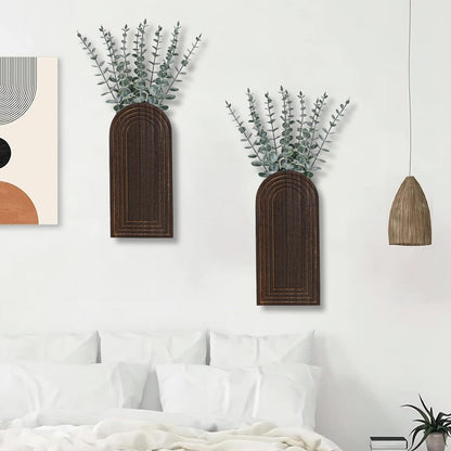 Dnnnii 2 Pack Wooden Wall Vase Set - Dark Brown Finish Modern Farmhouse & Boho Wall Decor for Entryway, Hallway, Bathroom, Living Room, Dining Room, Narrow Spaces