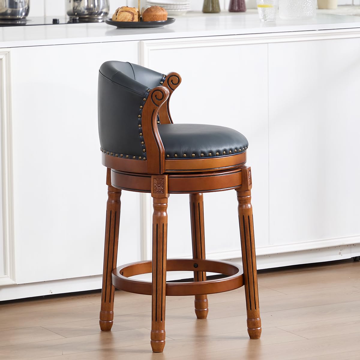 GDFStudio Cow Top Leather Wooden Bar Stool with Backrest, 360 Degree Swivel Counter Height Bar Stool, Upholstered Solid Wood Rustic Farmhouse Bar Chair for Kitchen Island Home Bar Dining, New Blue 26"